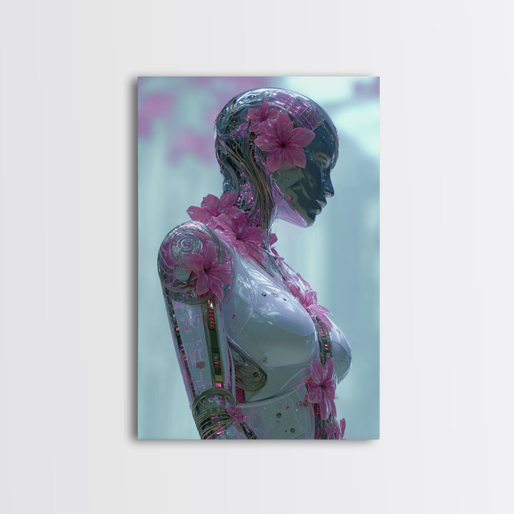 Android Woman with Glowing Circuitry and Flowers Canvas Print, Cyberpunk Art, Modern Wall Art, Living Room Decor, Neon, CYB-2x3-59