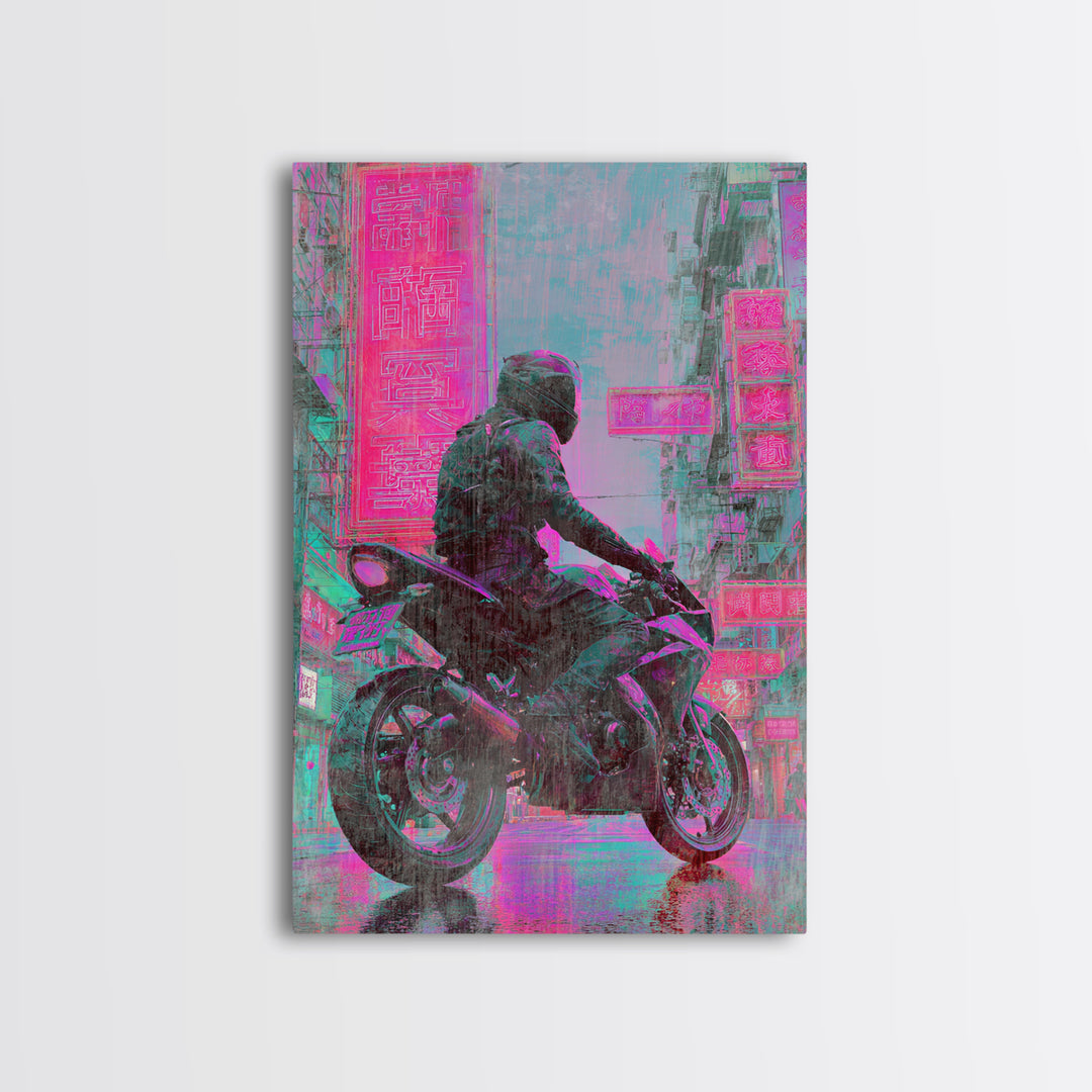 Motorcycle Rider under Holographic Signs Framed Canvas Print, Cyberpunk Art, Gothic Decor, Living Room Decor, Fine Art, Neon, CYB-2x3-60