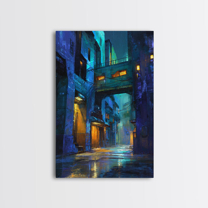 Rain Soaked Alley Framed Canvas Print, Cyberpunk Art, Art Print, Living Room Decor, Abstract Art, Neon, Blue Wall Art, CYB-2x3-64