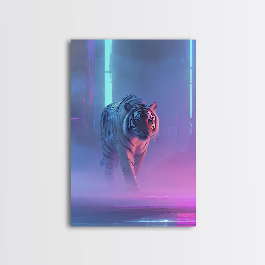 Neon Tiger Emerging from Digital Fog Canvas Print, Cyberpunk Art, Blue Wall Art, Living Room Decor, Neon, Modern Wall Decor, CYB-2x3-65