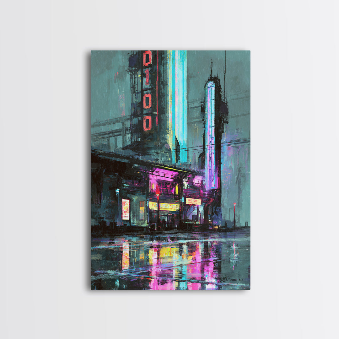 Retro Arcade Dystopia Canvas Print, Cyberpunk Art, Living Room Decor, Oil Painting, Neon, Digital Download Art, CYB-2x3-66