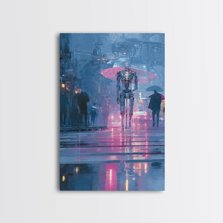 Glowing Umbrella Figure Canvas Print, Cyberpunk Art, Blue Wall Art, Living Room Decor, Fine Art, Neon, Modern Wall Decor, CYB-2x3-71