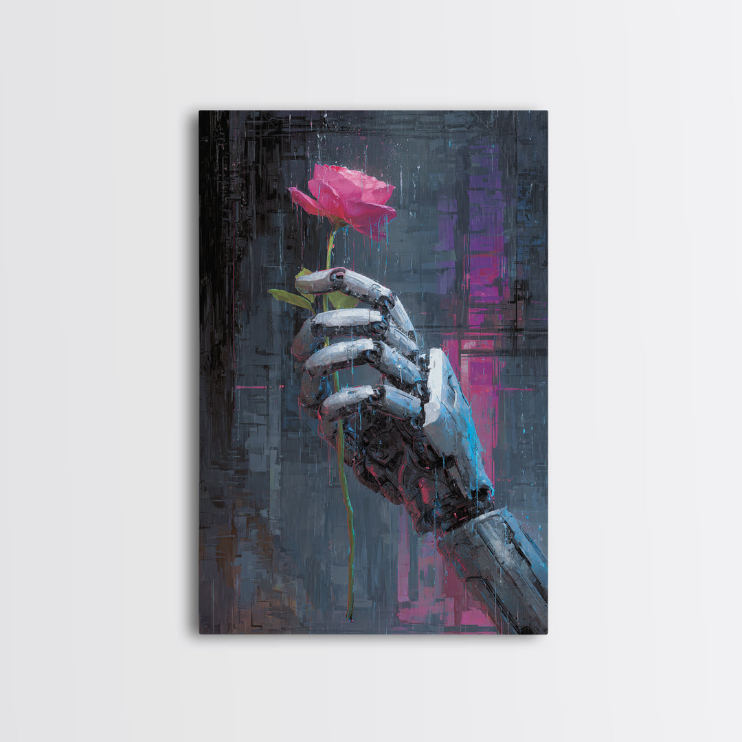 Robotic Hand Holding a Real Rose Canvas Print, Cyberpunk Art, Printable Wall Art, Living Room Decor, Oil Painting, Neon, CYB-2x3-72