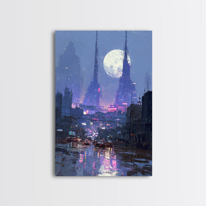 Dystopian Moon over Dense Rooftops Framed Canvas Print, Cyberpunk Art, Digital Wall Art, Living Room Decor, Watercolor Art, CYB-2x3-74