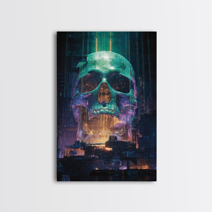 Cyberpunk Skull with Chrome and Violet Light Framed Canvas Print, Cyberpunk Art, Urban Wall Art, Living Room Decor, Neon, CYB-2x3-76