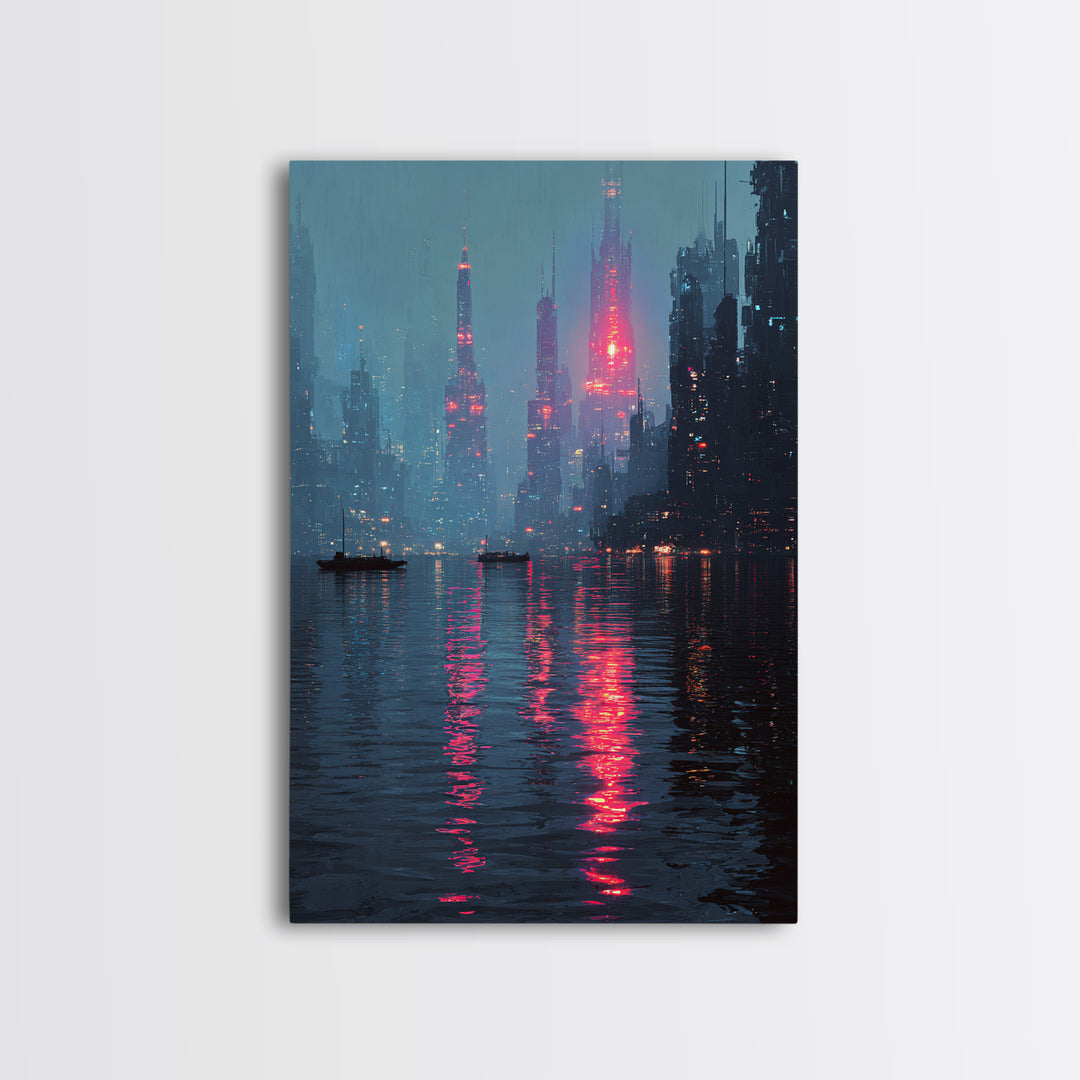 Neon Skyline Reflected Framed Canvas Print, Cyberpunk Art, Gothic Decor, Living Room Decor, Abstract Art, Neon, CYB-2x3-78