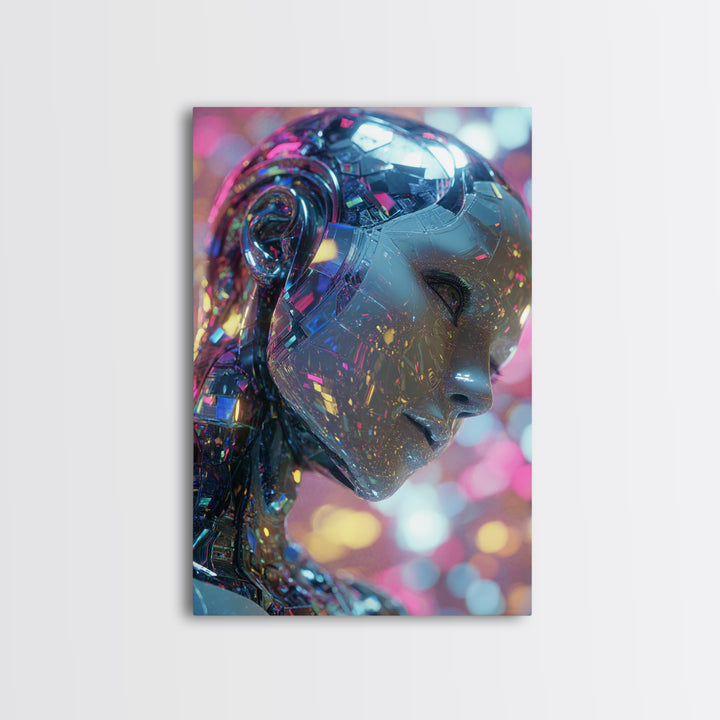 Ai Mask Portrait Framed Canvas Print, Cyberpunk Art, Fantasy Art, Living Room Decor, Oil Painting, Neon, Minimalist Decor, CYB-2x3-8