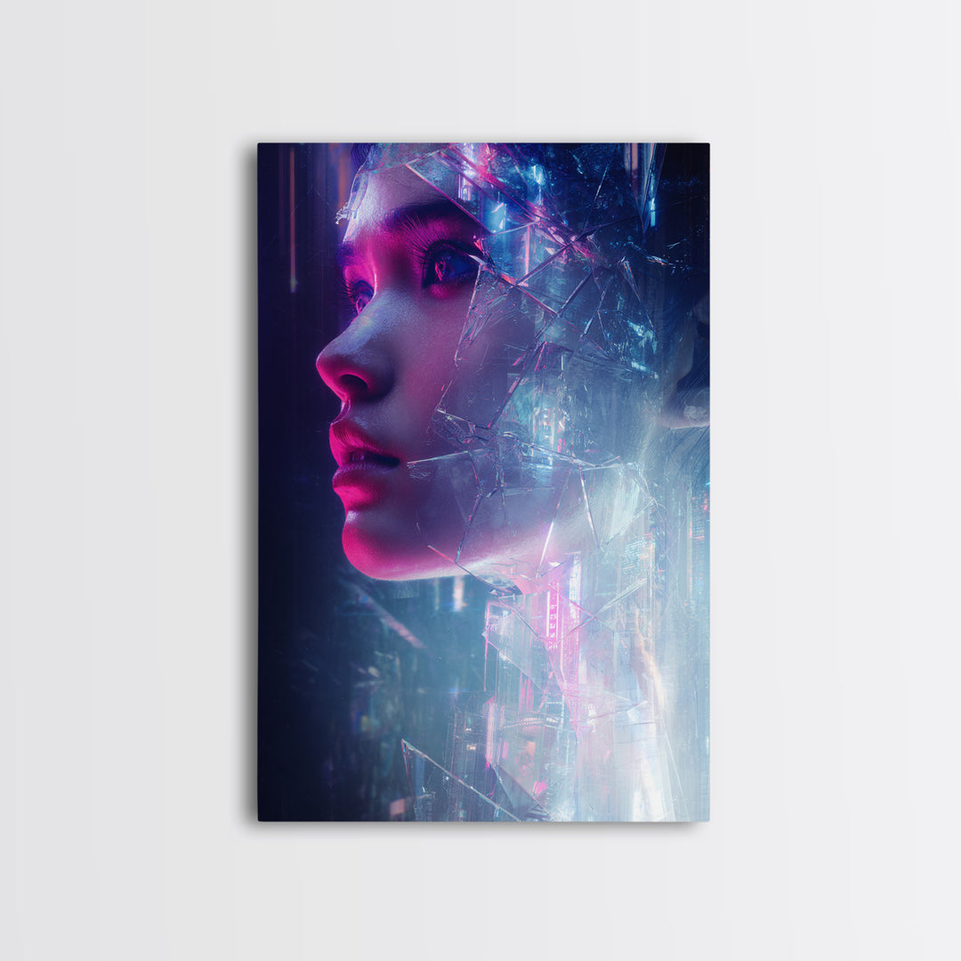 Ai Mask Portrait Framed Canvas Print, Cyberpunk Art, Digital Wall Art, Living Room Decor, Fine Art, Neon, Man Cave Decor, CYB-2x3-80