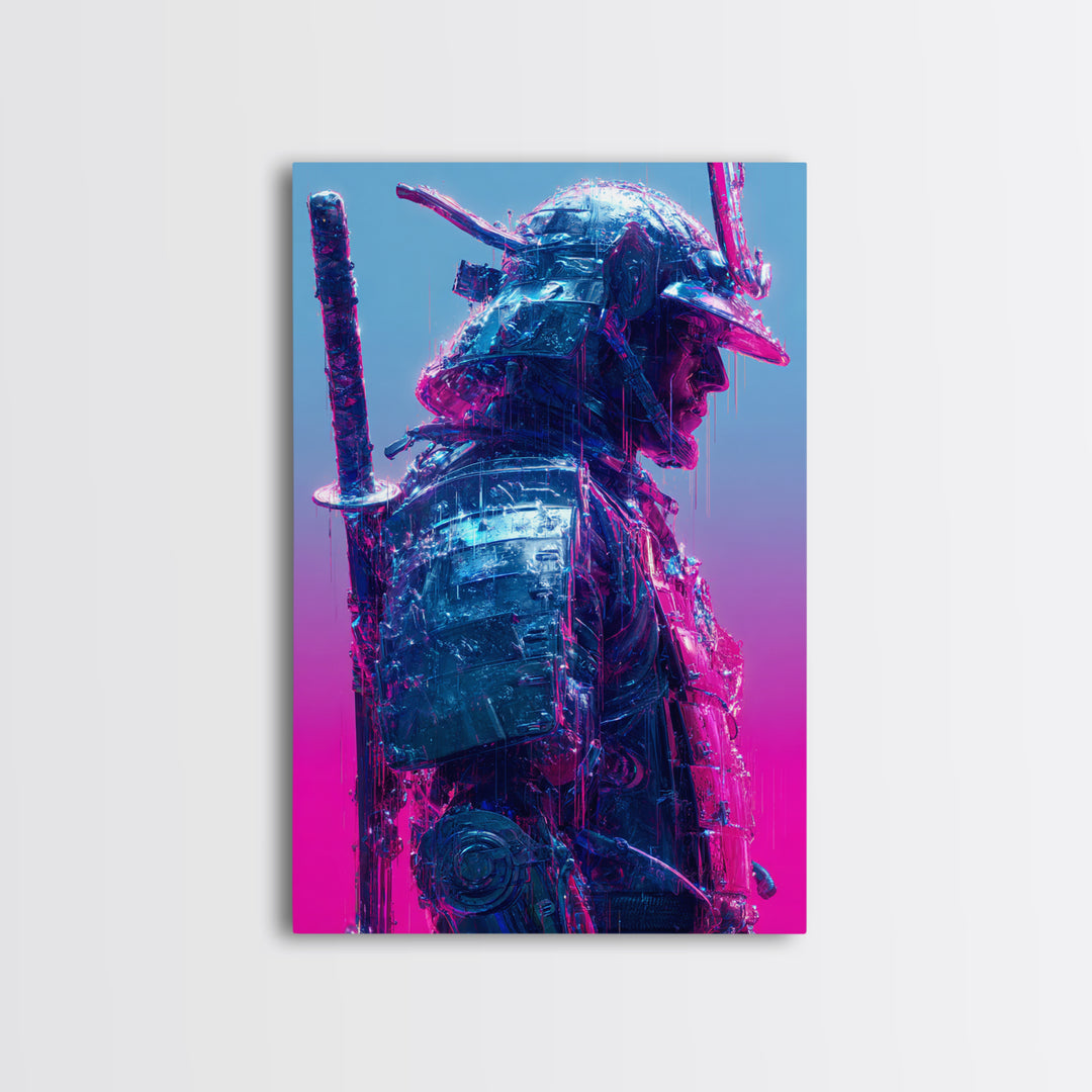 Neon Samurai Portrait Canvas Print, Cyberpunk Art, Man Cave Decor, Living Room Decor, Fine Art, Neon, Fine Art Print, CYB-2x3-81