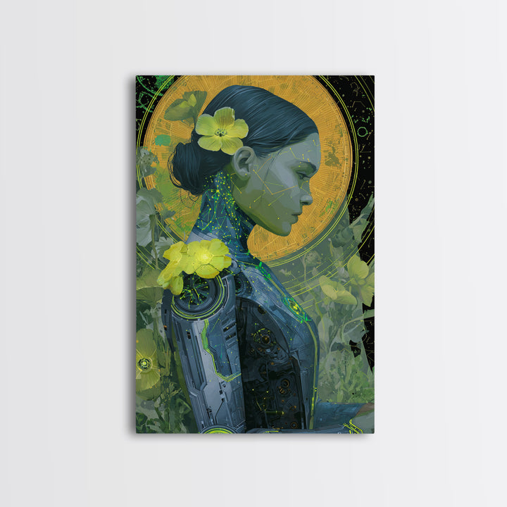 Android Woman with Glowing Circuitry and Flowers Framed Canvas Print, Cyberpunk Art, Cyberpunk Helmet, Living Room Decor, Neon, CYB-2x3-83