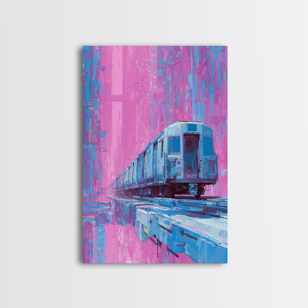 City Train Rushing Through Pink Electric Haze Framed Canvas Print, Cyberpunk Art, Cool Wall Art, Living Room Decor, Neon, CYB-2x3-93