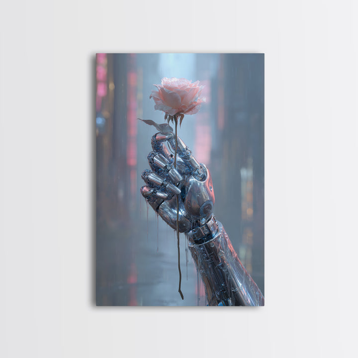 Robotic Hand Holding a Real Rose Canvas Print, Cyberpunk Art, Cool Wall Art, Living Room Decor, Fine Art, Neon, Gallery Decor, CYB-2x3-96