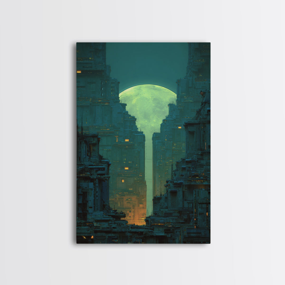 Dystopian Moon over Dense Rooftops Framed Canvas Print, Cyberpunk Art, Digital Wall Art, Living Room Decor, Watercolor Art, CYB-2x3-98