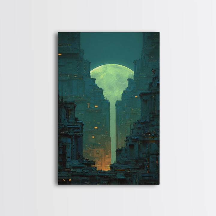 Dystopian Moon over Dense Rooftops Framed Canvas Print, Cyberpunk Art, Digital Wall Art, Living Room Decor, Watercolor Art, CYB-2x3-98