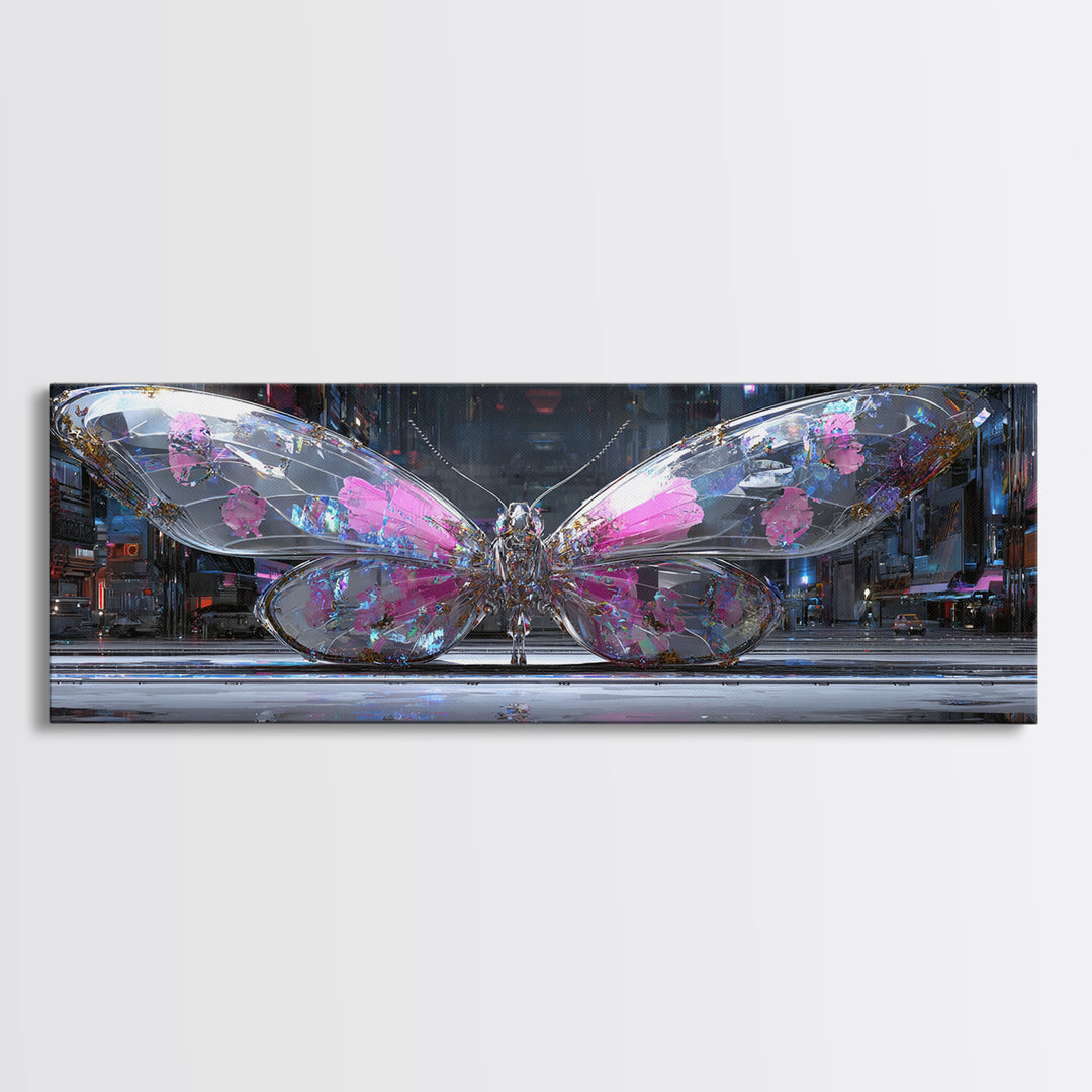 Holographic Butterfly over Black Metal Surface Canvas Print, Cyberpunk Art, Modern Wall Decor, Living Room Decor, Neon, CYB-3x1-11