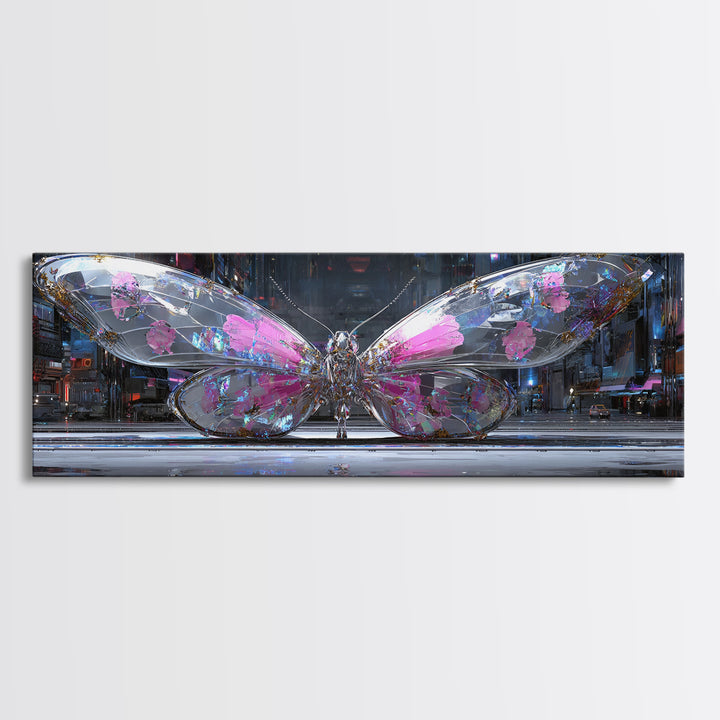 Holographic Butterfly over Black Metal Surface Canvas Print, Cyberpunk Art, Modern Wall Decor, Living Room Decor, Neon, CYB-3x1-11