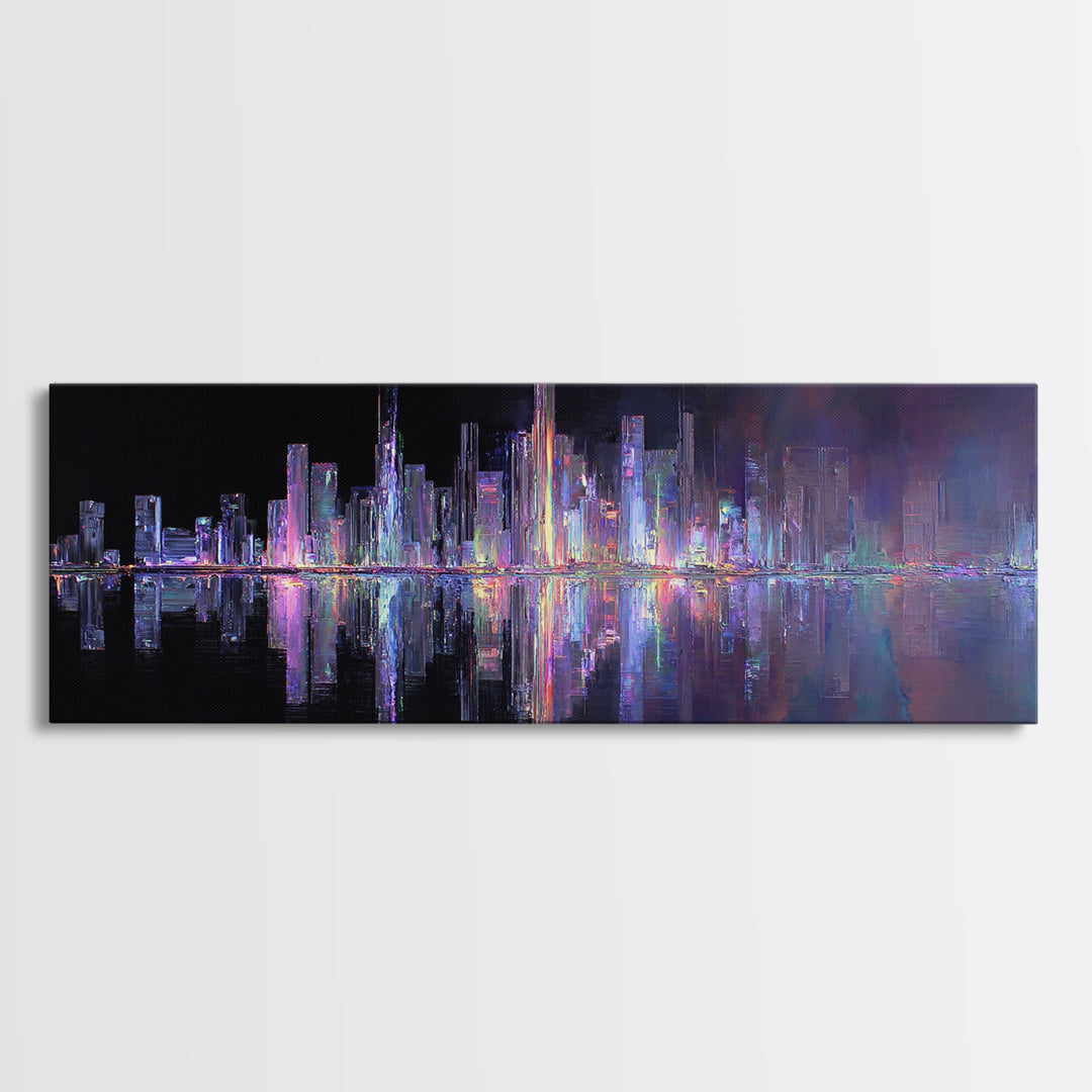 Neon Skyline Reflected Canvas Print, Cyberpunk Art, Modern Decor, Living Room Decor, Abstract Art, Neon, Poster, Wall Decor, CYB-3x1-14