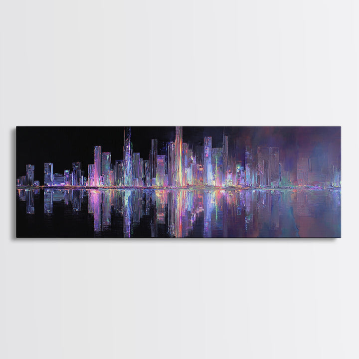 Neon Skyline Reflected Canvas Print, Cyberpunk Art, Modern Decor, Living Room Decor, Abstract Art, Neon, Poster, Wall Decor, CYB-3x1-14