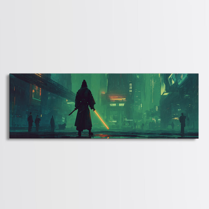 Neon Samurai Portrait Framed Canvas Print, Cyberpunk Art, Space Art, Living Room Decor, Oil Painting, Neon, Cyberpunk Wall Art, CYB-3x1-17