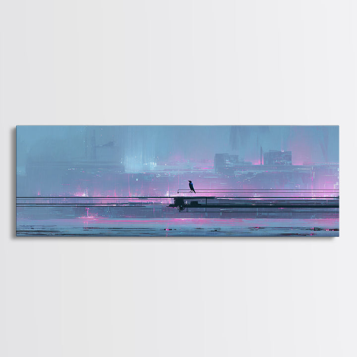 Cybernetic Raven Perched on a Cable Framed Canvas Print, Cyberpunk Art, Textured Painting, Living Room Decor, Fine Art, Neon, CYB-3x1-27