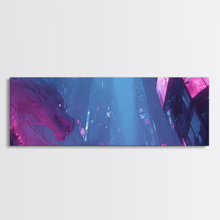 Neon Dragon Wrapped Around Skyscraper Shapes Canvas Print, Cyberpunk Art, Art Print, Living Room Decor, Abstract Art, Neon, CYB-3x1-30