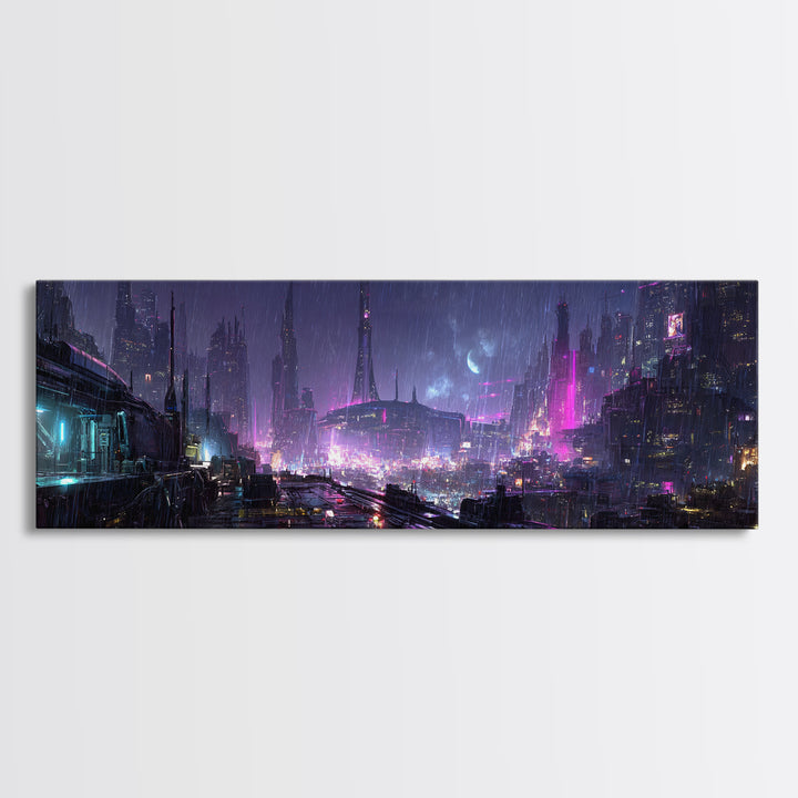 Dystopian Moon over Dense Rooftops Canvas Print, Cyberpunk Art, Canvas Wall Art, Living Room Decor, Abstract Art, Neon, CYB-3x1-34