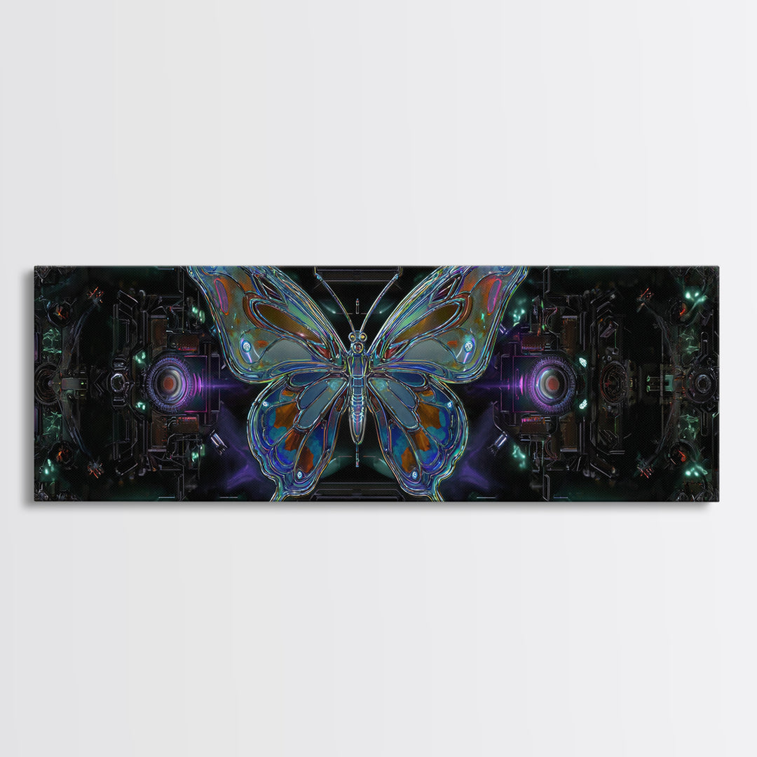 Holographic Butterfly over Black Metal Surface Canvas Print, Cyberpunk Art, Minimalist Decor, Living Room Decor, Fine Art, Neon, CYB-3x1-35