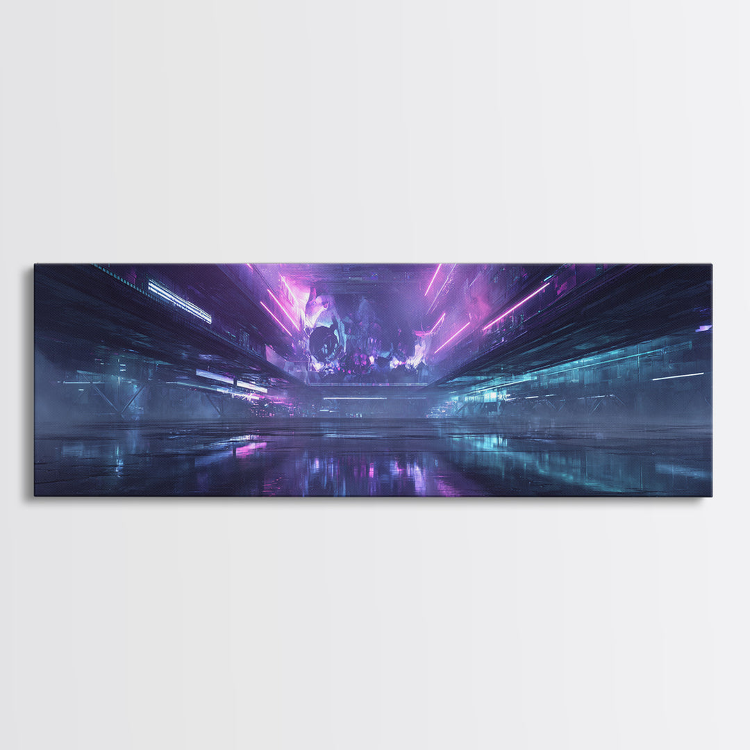 Cyberpunk Skull with Chrome and Violet Light Canvas Print, Cyberpunk Art, Gallery Decor, Living Room Decor, Fine Art, Neon, CYB-3x1-36