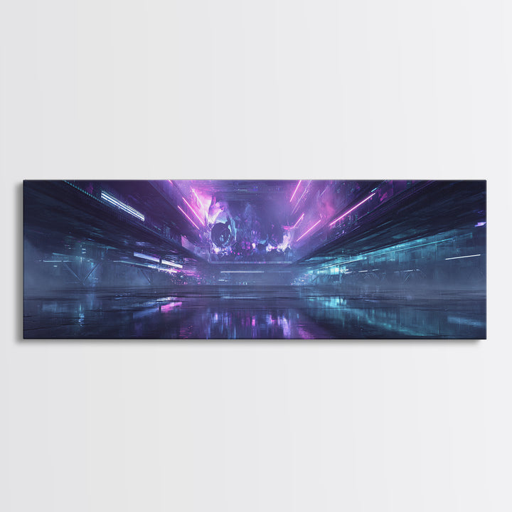 Cyberpunk Skull with Chrome and Violet Light Canvas Print, Cyberpunk Art, Gallery Decor, Living Room Decor, Fine Art, Neon, CYB-3x1-36