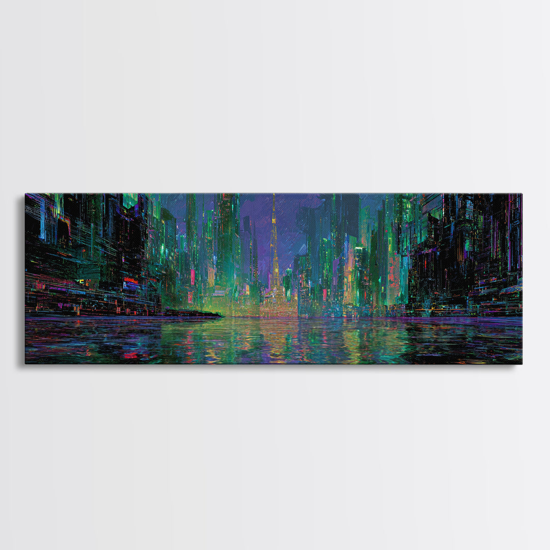 Neon Skyline Reflected Canvas Print, Cyberpunk Art, Abstract Art, Living Room Decor, Neon, Urban Wall Art, Cyberpunk Helmet, CYB-3x1-38
