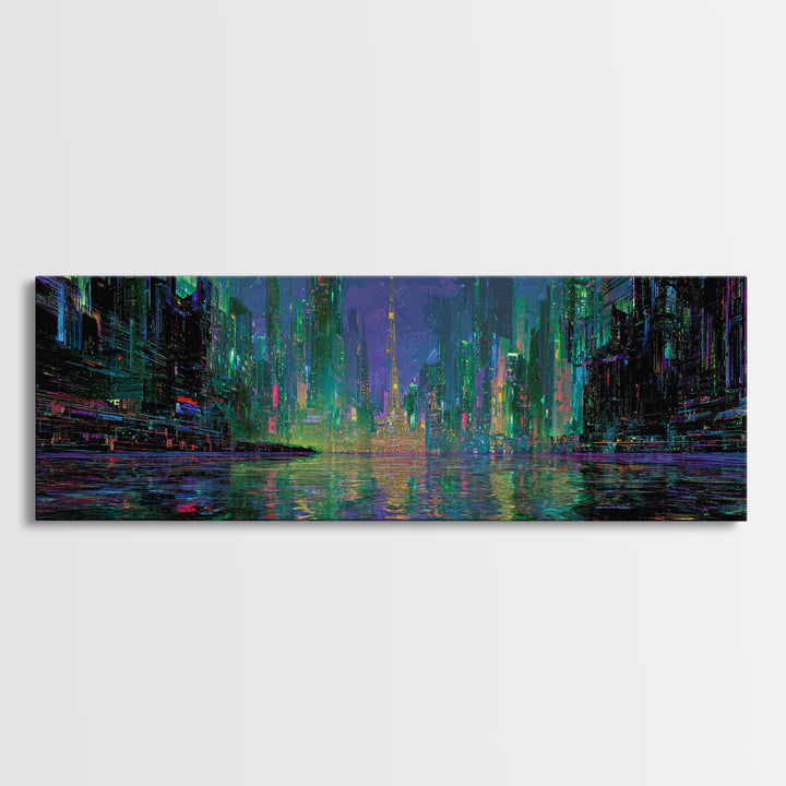 Neon Skyline Reflected Canvas Print, Cyberpunk Art, Abstract Art, Living Room Decor, Neon, Urban Wall Art, Cyberpunk Helmet, CYB-3x1-38