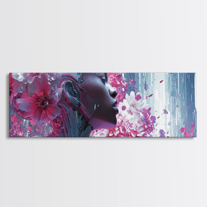 Android Woman with Glowing Circuitry and Flowers Canvas Print, Cyberpunk Art, Digital Art, Living Room Decor, Fine Art, Neon, CYB-3x1-43