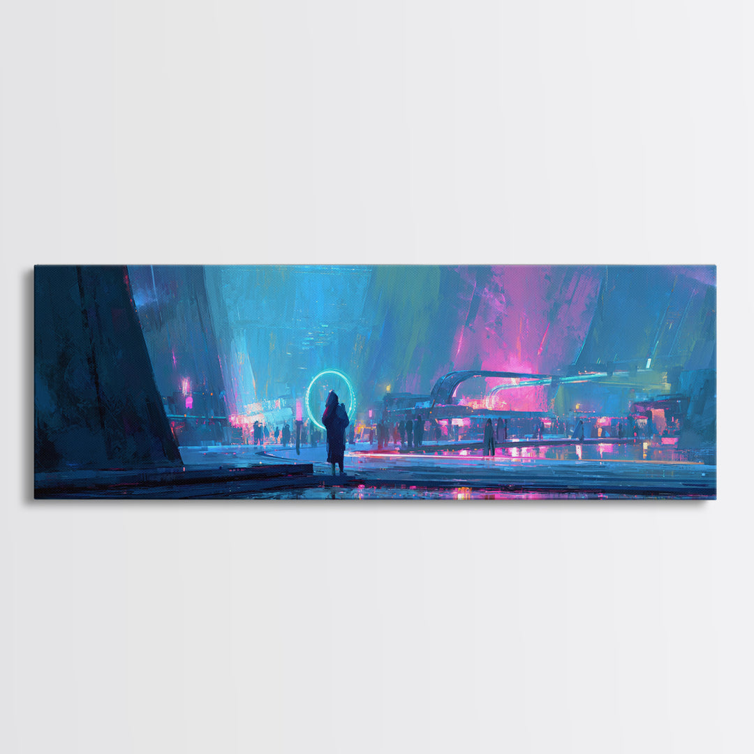 Masked Hacker Figure Canvas Print, Cyberpunk Art, Cyberpunk Decor, Living Room Decor, Neon, Modern Decor, Fine Art Print, CYB-3x1-46