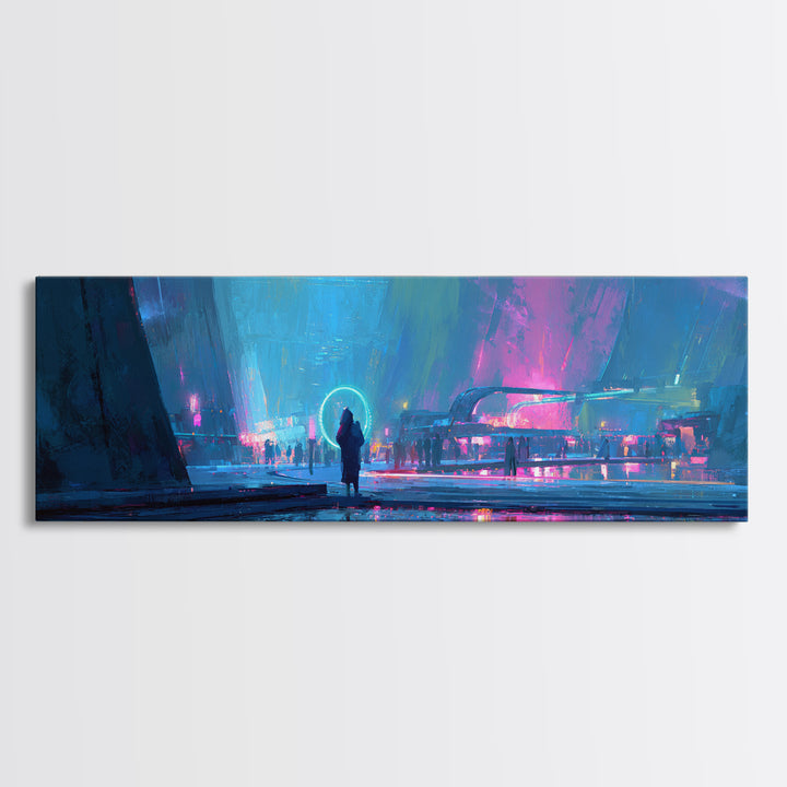 Masked Hacker Figure Canvas Print, Cyberpunk Art, Cyberpunk Decor, Living Room Decor, Neon, Modern Decor, Fine Art Print, CYB-3x1-46