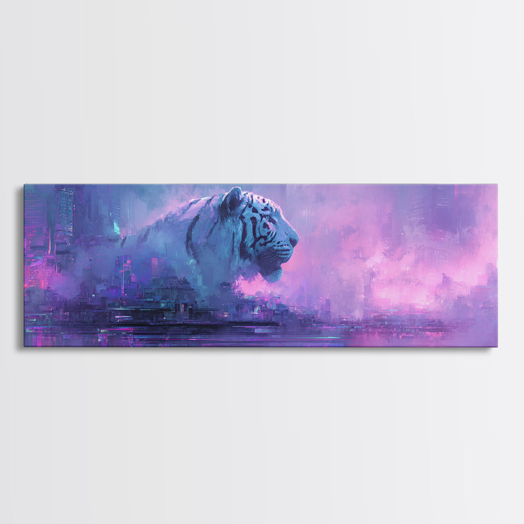 Neon Tiger Emerging from Digital Fog Canvas Print, Cyberpunk Art, Cyberpunk Helmet, Living Room Decor, Abstract Art, Neon, CYB-3x1-49