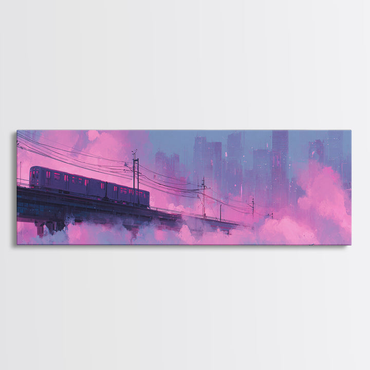 City Train Rushing Through Pink Electric Haze Framed Canvas Print, Cyberpunk Art, Japanese Art, Living Room Decor, CYB-3x1-5