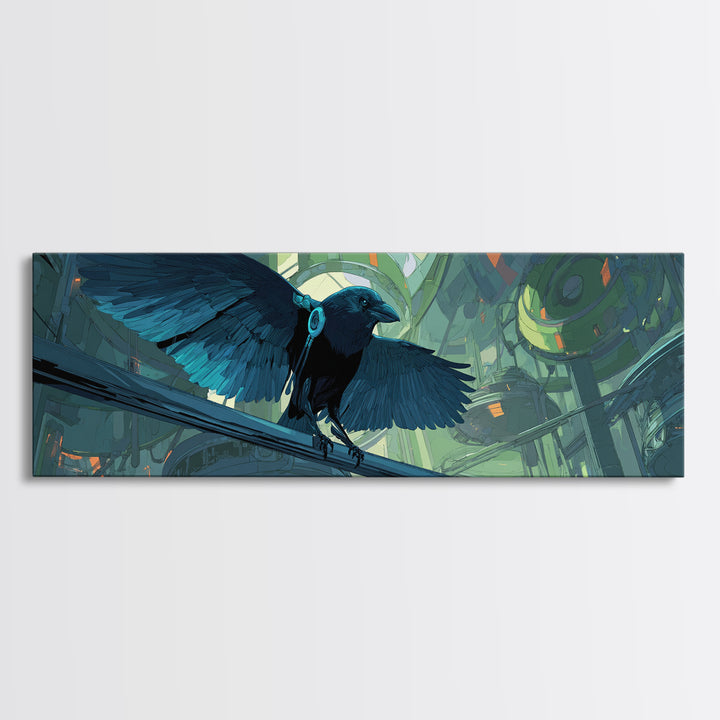 Cybernetic Raven Perched on a Cable Framed Canvas Print, Cyberpunk Art, Cyberpunk 2077, Living Room Decor, Fine Art, Neon, CYB-3x1-51