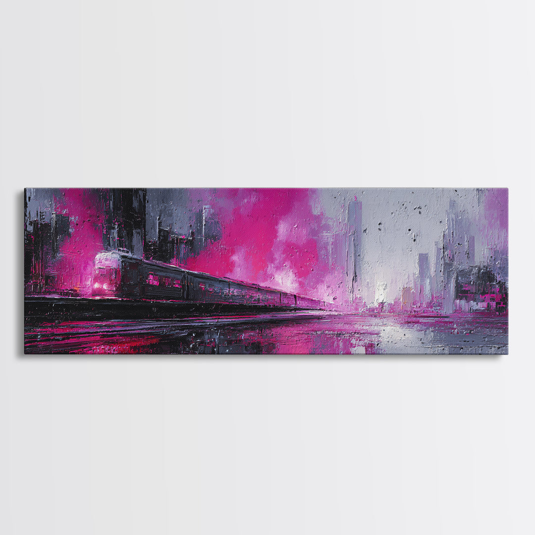 City Train Rushing Through Pink Electric Haze Framed Canvas Print, Cyberpunk Art, Minimalist Poster, Living Room Decor, Neon, CYB-3x1-53