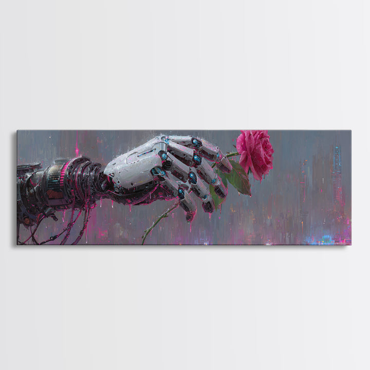 Robotic Hand Holding a Real Rose Framed Canvas Print, Cyberpunk Art, Minimalist Decor, Living Room Decor, Fine Art, Neon, CYB-3x1-56