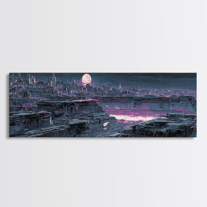 Dystopian Moon over Dense Rooftops Framed Canvas Print, Cyberpunk Art, Blue Wall Art, Living Room Decor, Fine Art, Neon, CYB-3x1-58