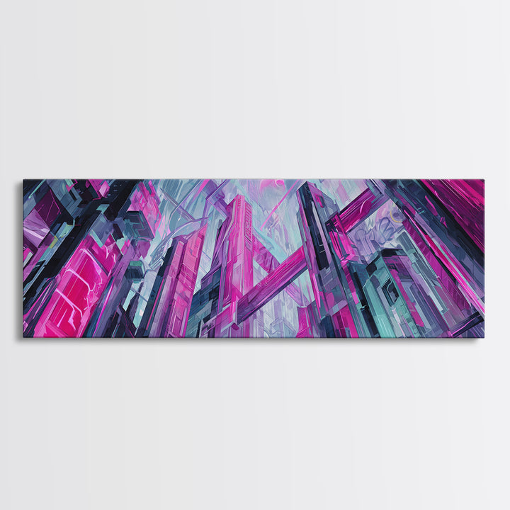 Neon Dragon Wrapped Around Skyscraper Shapes Canvas Print, Cyberpunk Art, Urban Wall Art, Living Room Decor, Abstract Art, Neon, CYB-3x1-6