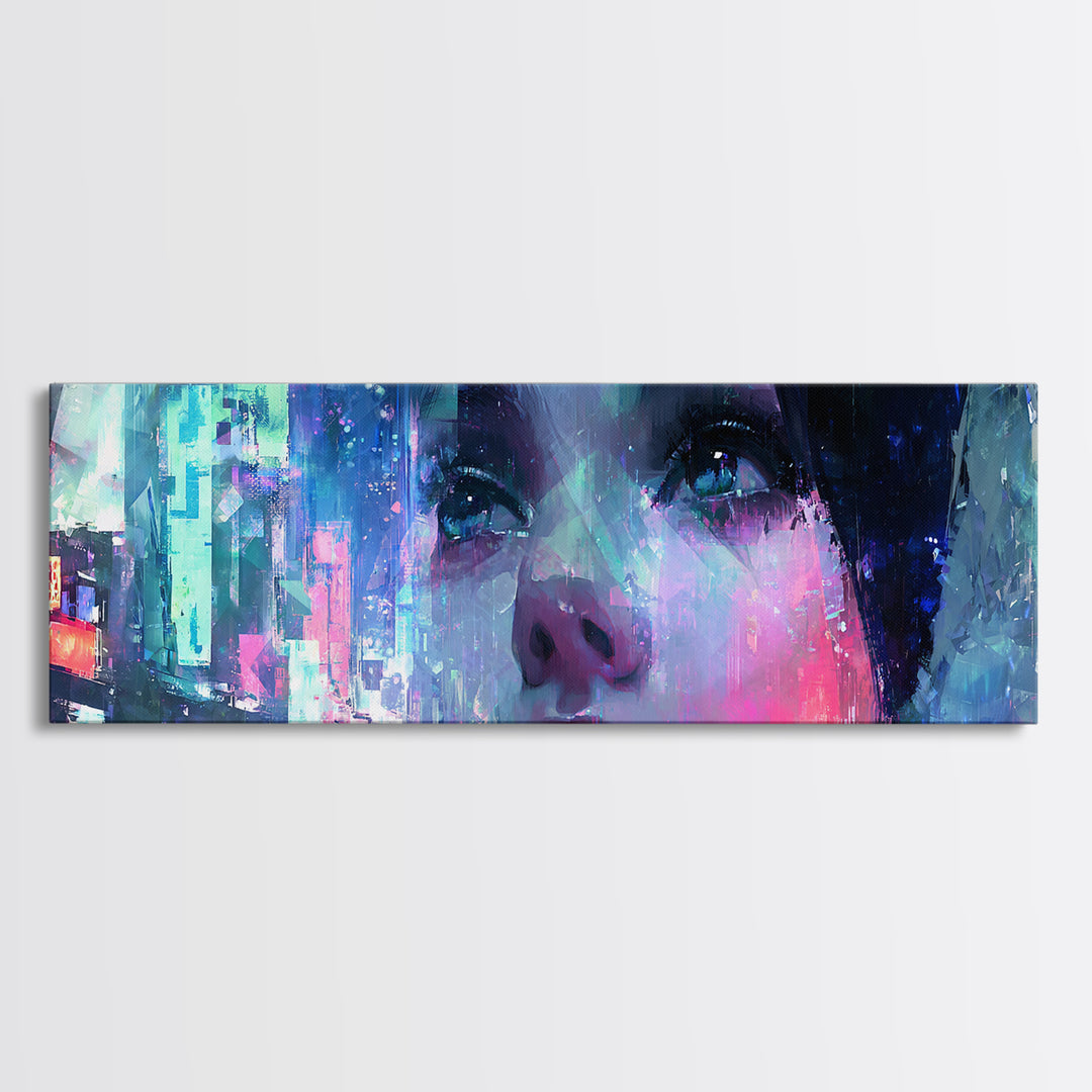 Ai Mask Portrait Framed Canvas Print, Cyberpunk Art, Luxury Decor, Living Room Decor, Fine Art, Neon, Printable Wall Art, CYB-3x1-64