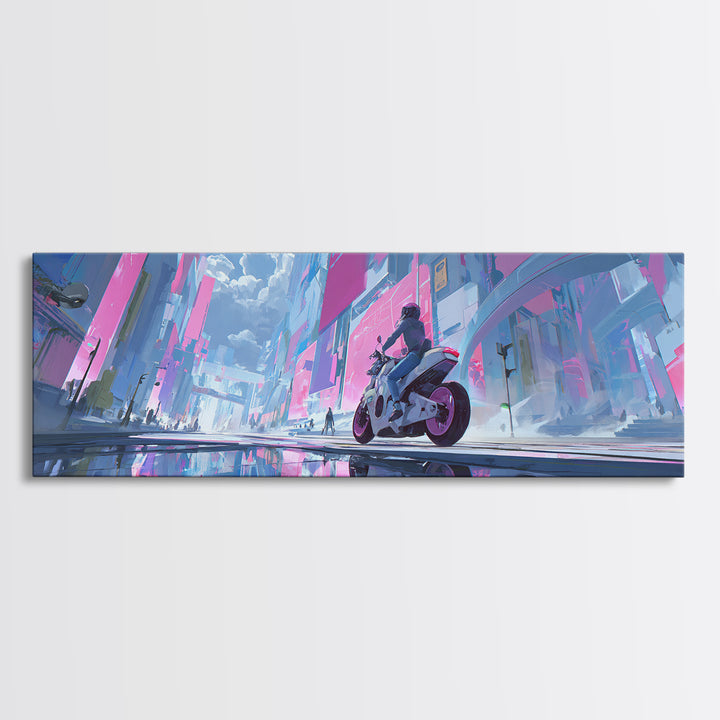 Motorcycle Rider under Holographic Signs Framed Canvas Print, Cyberpunk Art, Home Decor, Living Room Decor, Fine Art, Neon, CYB-3x1-68
