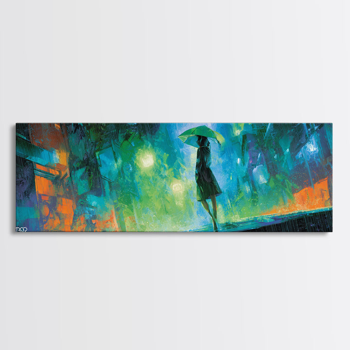 Glowing Umbrella Figure Framed Canvas Print, Cyberpunk Art, Statement Artwork, Living Room Decor, Fine Art, Neon, Art Print, CYB-3x1-7