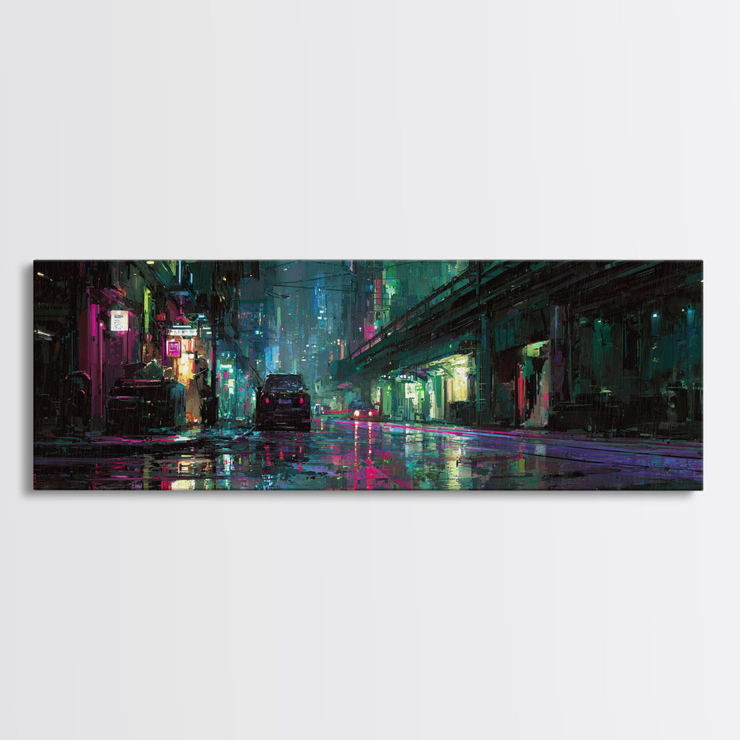 Rain Soaked Alley Framed Canvas Print, Cyberpunk Art, Poster, Living Room Decor, Fine Art, Neon, Modern Wall Art, Japanese Art, CYB-3x1-72