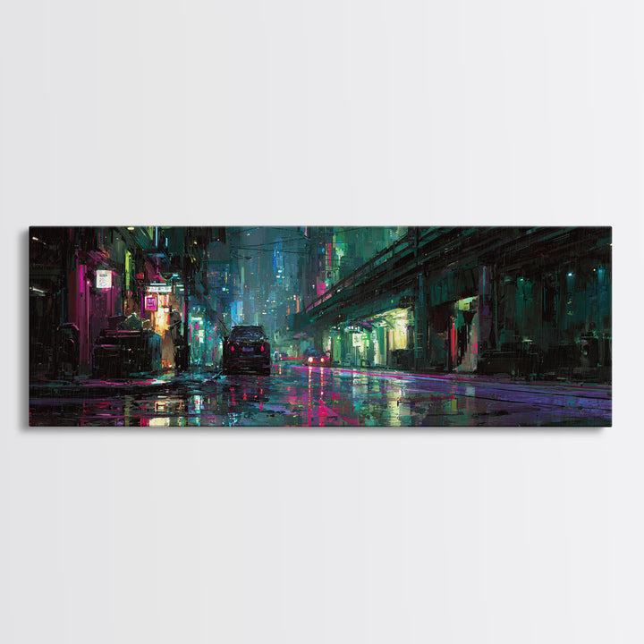 Rain Soaked Alley Framed Canvas Print, Cyberpunk Art, Poster, Living Room Decor, Fine Art, Neon, Modern Wall Art, Japanese Art, CYB-3x1-72