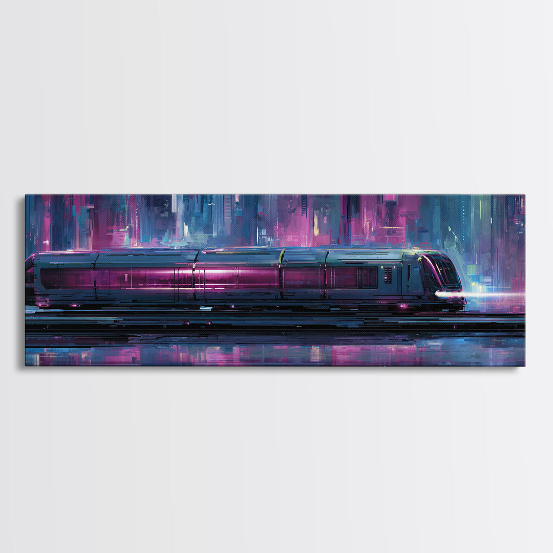 City Train Rushing Through Pink Electric Haze Framed Canvas Print, Cyberpunk Art, Minimalist Poster, Living Room Decor, Neon, CYB-3x1-77