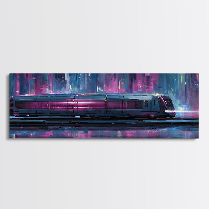 City Train Rushing Through Pink Electric Haze Framed Canvas Print, Cyberpunk Art, Minimalist Poster, Living Room Decor, Neon, CYB-3x1-77