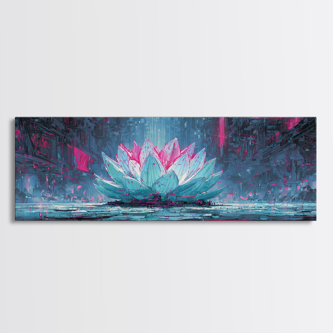 Electric Lotus Flower Framed Canvas Print, Cyberpunk Art, Cyberpunk Tarot, Living Room Decor, Watercolor Art, Neon, CYB-3x1-81