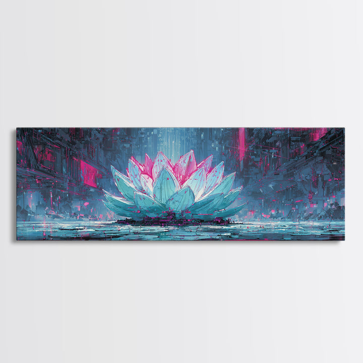 Electric Lotus Flower Framed Canvas Print, Cyberpunk Art, Cyberpunk Tarot, Living Room Decor, Watercolor Art, Neon, CYB-3x1-81